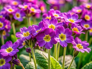 Fototapeta premium Delicate purple primula denticulata flowers with yellow centers bloom in a lush green garden, their intricate details and textures showcased in a shallow depth of field.