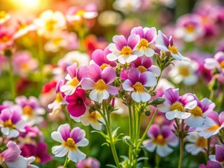 Obraz premium Vibrant nemesia flowers bloom in early spring, delicate petals in shades of pink, white, and yellow, swaying gently in the soft morning sunlight.