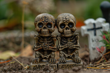 Fototapeta premium Two skeleton figurines standing together in a graveyard, surrounded by tombstones and autumn leaves, creating a spooky scene. 