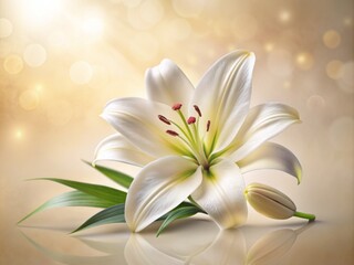 Naklejka premium Delicate white lily blooms serenely against a soft, creamy background, evoking feelings of tranquility and purity, perfect for beauty, spa, wellness, and natural cosmetics promotions.