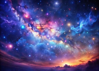 Fototapeta premium Vibrant purple and blue hues illuminate the expansive night sky, showcasing a mesmerizing tapestry of stars, nebulae, and galaxies in stunning celestial harmony.