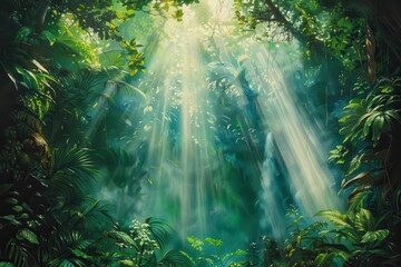 Fototapeta premium Lush Sunlight Filtering Through Dense Green Jungle Canopy