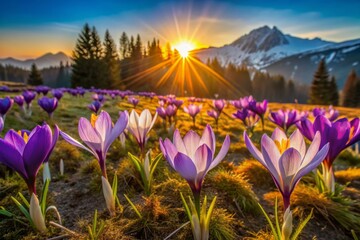 Vibrant purple and yellow crocus flowers bloom in the mountain meadow at sunset, symbolizing hope...