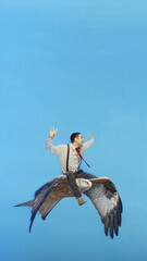 Poster. Contemporary art collage. Man dressed in vintage attire rides eagle through clear blue sky. Copy space. Concept of art, disco, party, retro fashion, happy and fun. Vintage.