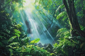 Obraz premium Lush green jungle foliage with waterfall and sunlight