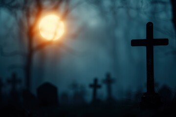 Naklejka premium Eerie graveyard scene at night, with tombstones silhouetted against a full moon in a foggy atmosphere. 