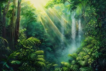 Obraz premium Lush Green Jungle Waterfall in the Heart of the Rainforest