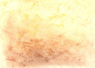 Desert sand Watercolor background abstract yellow brown. Hand drawn illustration of oceanic bottom. Dune wave sepia texture backdrop. Template with copy space for wallpaper, covers, website, banner.