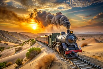 Vintage steam locomotive chugs along ancient stone rails, majestic against a wild, sandy backdrop, as the sun sets over an untamed, serene Indian desert landscape. © Sirinporn