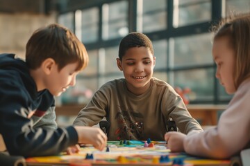 Different children play board games together, a dark-skinned boy in a wheelchair with his friends, this is a joyful and inclusive interaction that promotes friendship and teamwork