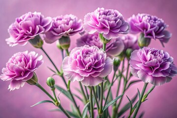 Obraz premium Delicate violet carnations bloom against a soft pastel pink backdrop, their velvety petals and subtle green stems evoking a sense of gentle elegance and refinement.