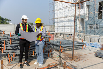 Construction civil engineer man and woman African American checking quality of work in construction site. Team of various nationalities working inspecting infrastructure building progress.