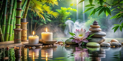 Soothing ambiance of natural alternative therapy setup featuring massage stones, water lily, and bamboo tree, surrounded by scented candle and stone sculptures in serene water.