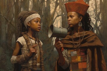 Two Women in the Woods with a Megaphone