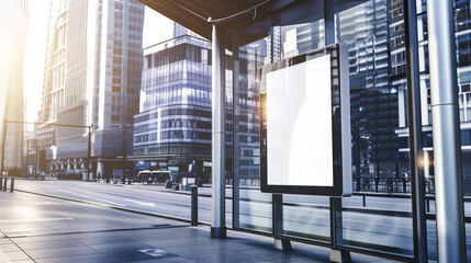 Obraz premium high-quality image featuring an empty poster mockup displayed at a bus stop in a bustling modern city.