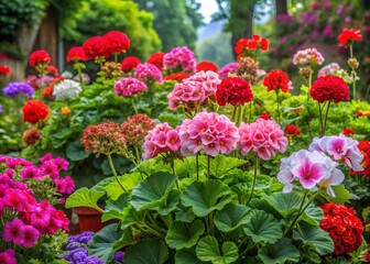 Naklejka premium Vibrant geraniums and pelargoniums bloom in a lush garden, surrounded by verdant foliage, against a stunning botanical backdrop of varied textures and hues.