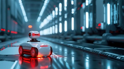 Obraz premium A futuristic robot in a high-tech environment, showcasing advanced technology and automation in a modern warehouse.
