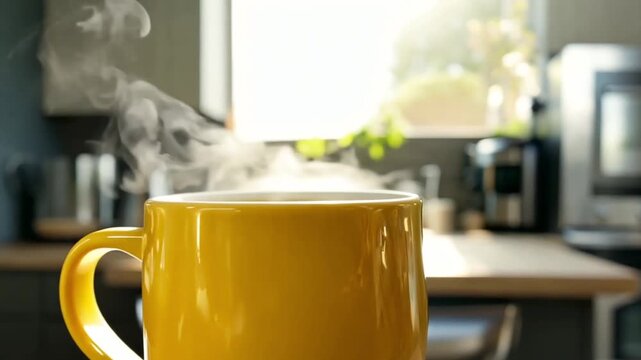 Steaming yellow coffee cup placed on a table with a blurred background of a cozy room, zoom in