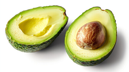 Avocado sliced in half with visible seed and creamy green flesh