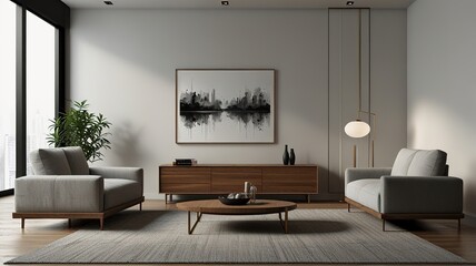 Aesthetic bright sunny elegant home living room interior design with comfortable lounge chair, hat, side table, flowers bouquet, shelf with decorations. interior design