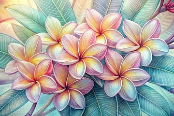 Fototapeta premium Delicate plumeria flowers bloom in soft pastel hues, intricately woven together by a continuous hand-drawn line, creating a whimsical, dreamy, and effortlessly romantic botanical illustration.