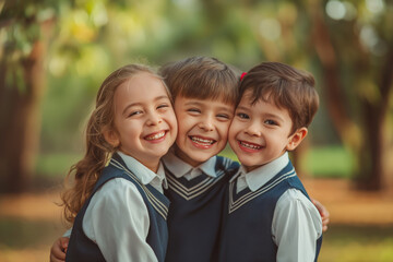 Three young children in school uniforms hugging and smiling together outdoors

