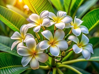 Delicate white plumeria flowers bloom against a vibrant green background, showcasing their intricate petals and subtle sweetness in a serene, tropical setting.