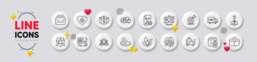 Food delivery, Plants watering and Handbag line icons. White buttons 3d icons. Pack of Baggage calendar, Check investment, Hiring employees icon. Meditation eye, Report, Mail pictogram. Vector