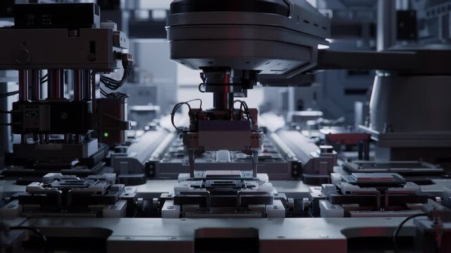 Computer Chip Automated Production Line. Microchip Manufacturing Facility. Close-up of Heat Spreader Attachment to Advanced Processor on Automated Conveyor at Electronics Factory. 