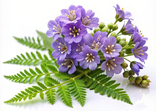Delicate purple Jacobs Ladder flowers with fern-like foliage and intricately detailed tiny blooms isolated on a clean white background, showcasing its elegant beauty.