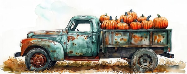 Fototapeta premium Watercolor Farm Truck A rustic watercolor illustration of a vintage farm truck carrying a load of pumpkins