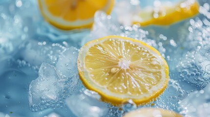 Lemon slice in water and ice on a blue background with bubbles. A cold drink in hot weather.