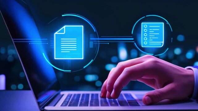 A hand is typing on a laptop, with a document icon and a checklist icon floating above it. The background is a blurred city lights scene.