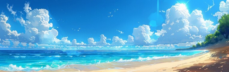Panoramic Anime Beach with Clear Blue Waters