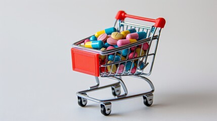 Miniature Shopping Cart Overflowing with Vibrant Pills on a White Background: A Colorful Display of Medication and Supplements