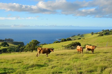 Farm Cows. Pasture with Dairy Cows Grazing by the Ocean in Victoria