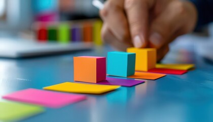 A colorful arrangement of blocks and notes on a desk, highlighting creativity and organization in workspace.