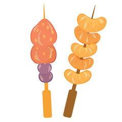 Tanghulu, Asian street food. Sugar-coated fruits and berries on sticks. Sweet Tang hulu snacks set. Skewered strawberry, orange candies. Flat vector illustration isolated on white background