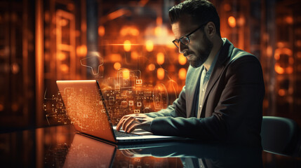 Cyber security network. Data protection concept. Businessman using laptop computer with digital padlock on internet technology networking with cloud computing and data management, photography.