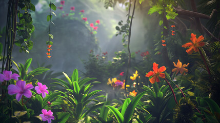 A lush jungle with a variety of colorful flowers and plants