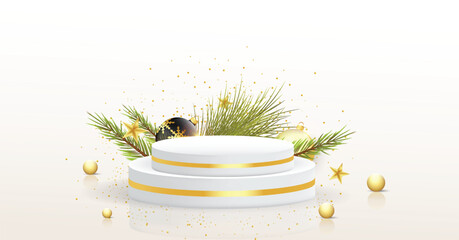 Christmas studio background design for product presentation. White color 3D realistic christmas product podium background design with christmas tree, ball, and snow. Golden and white color Showcase