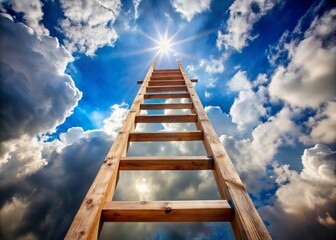 A sturdy wooden ladder stretches upwards, its worn rungs dissolving into the clouds, embodying perseverance and ambition in pursuit of lofty goals and aspirations.