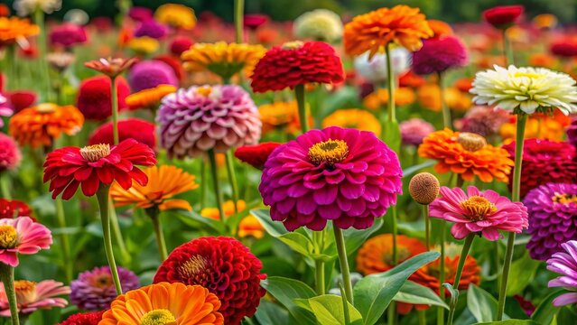 Vibrant zinnias in diverse shades and sizes bloom in a lush field, showcasing a kaleidoscope of colors and textures in a lively, cheerful natural spectacle.