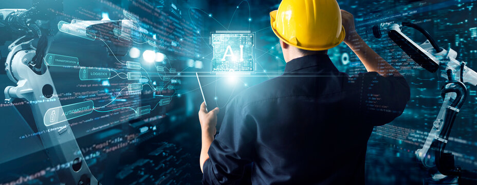 Industry 4.0, Ai, Smart industry factory, industrial revolution, Engineer use Ai interface control robotic automatic arms machine with monitoring Ai system software and Digital manufacturing operation