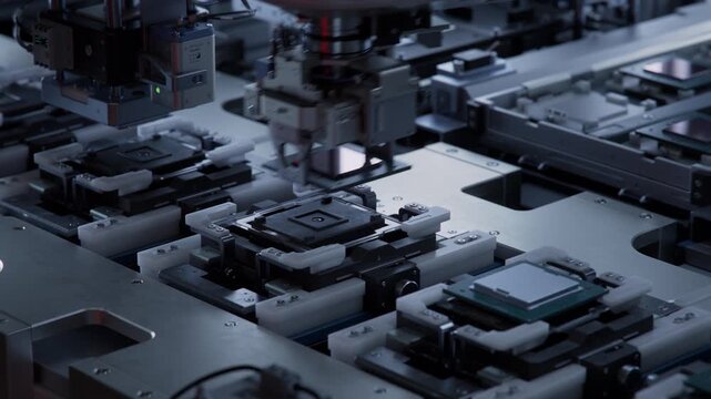 Computer Chip Automated Production Process. Heat Spreader Attachment to Advanced Processor on Automated Conveyor at Electronics Factory. Microchip Manufacturing Facility.