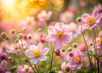 Obraz premium Soft focus captures delicate pink anemone flowers swaying gently in warm sunlight, filling the entire frame with a serene and romantic natural floral background.