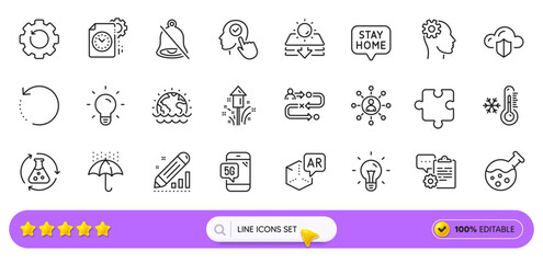 Waterproof umbrella, Networking and Augmented reality line icons for web app. Pack of Fireworks, Idea, Project deadline pictogram icons. 5g phone, Sun protection, Clipboard signs. Mute. Vector