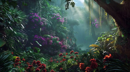 A lush, colorful jungle with a variety of flowers and plants © siaminka