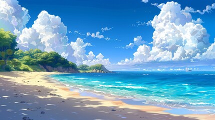 Panoramic Anime Beach with Clear Blue Waters