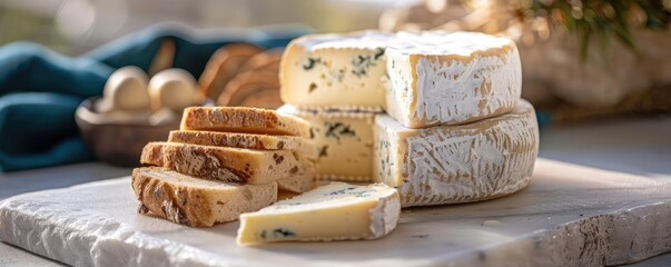 Sliced artisanal bread and creamy cheese displayed on a marble board, perfect for a gourmet breakfast or sophisticated gathering.